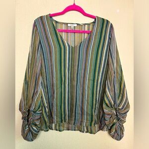 JODIFL Green Jewel Tone Stripe Boho Southwestern Balloon Sleeve Crepe Blouse S